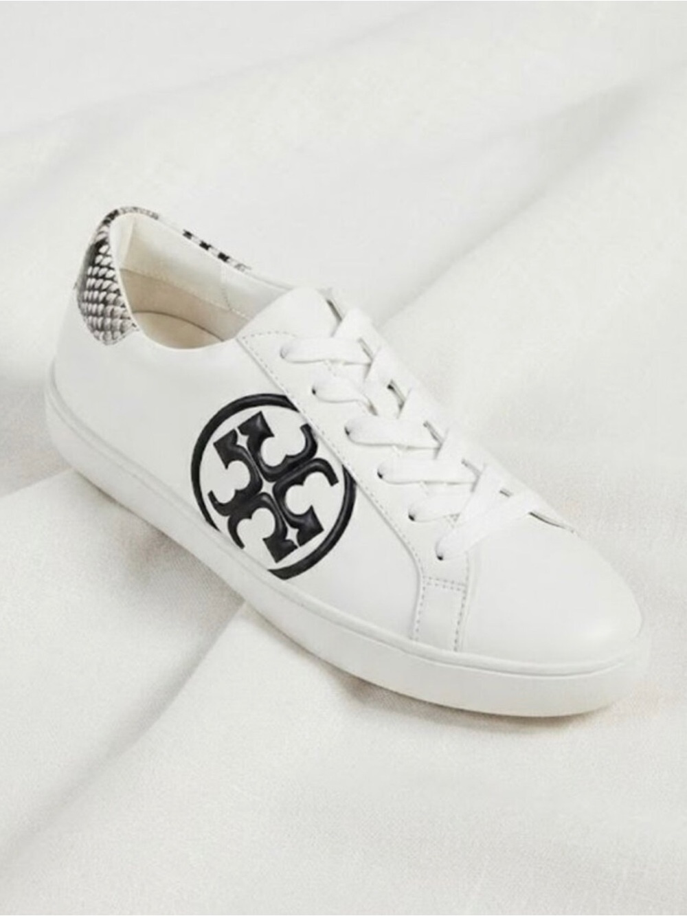 Tory Burch White Leather Sneaker with Black Logo and Snakeskin Heel